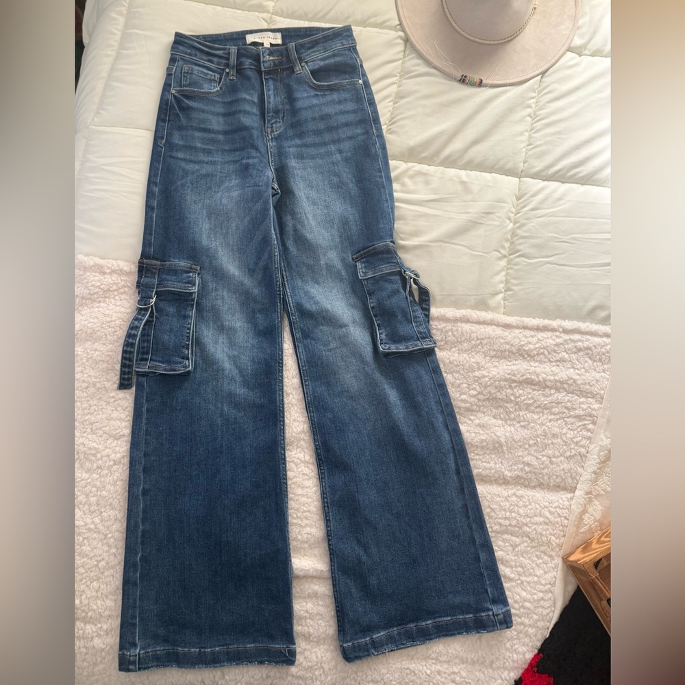 Women's Flare Cargo Jeans in Blue - Picture 2 of 4